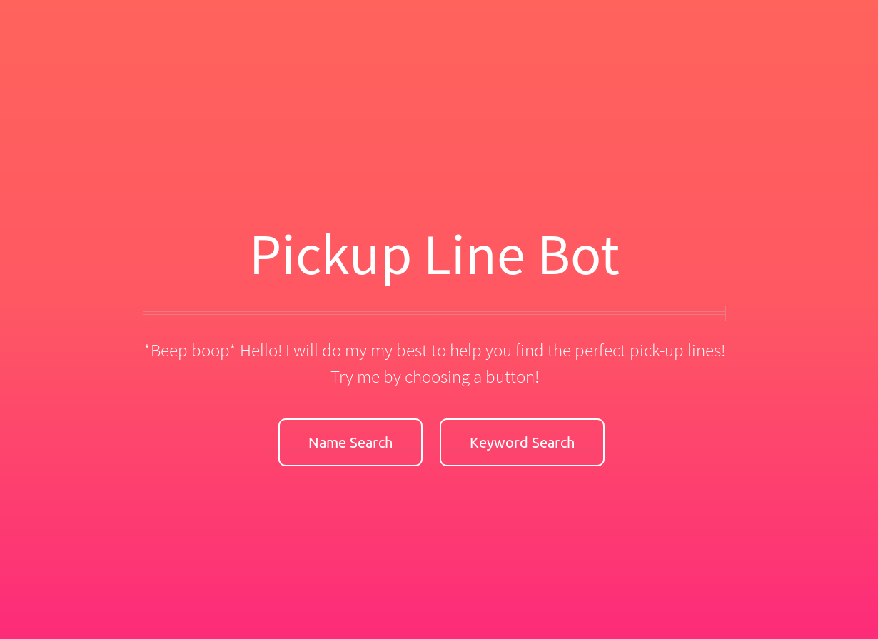 Screenshot of the landing page of the pickup line bot webapp.